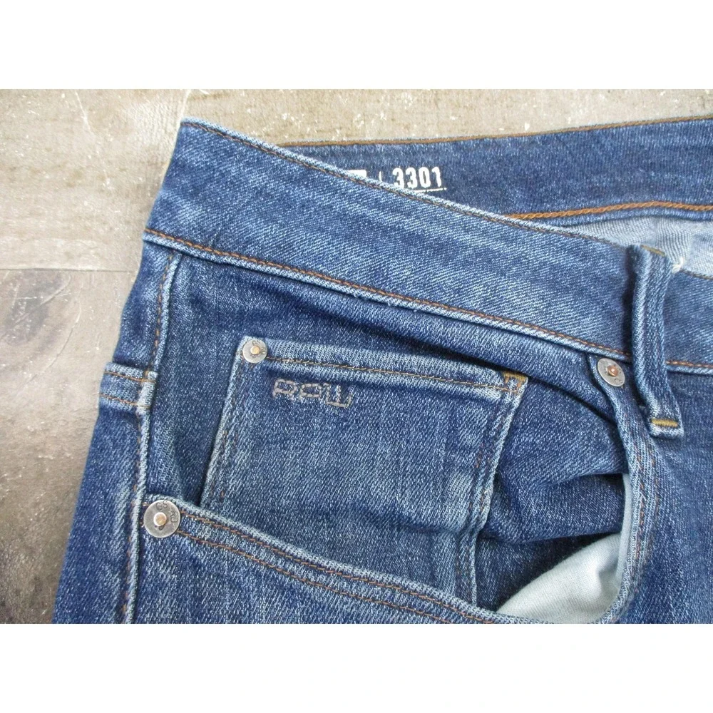 G-Star RAW 3301 Slim Jeans Mens 36x34 Blue Denim Button Fly Straight Fit Pants